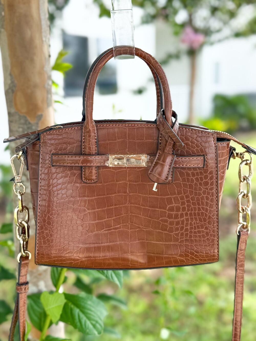 Nine West Brown Croc Embossed Satchel Crossbody Bag NWOT